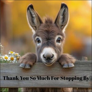 May include: A close-up of a brown donkey with large ears peeking over a wooden fence. The donkey has a friendly expression. The text "Thank You So Much For Stopping By" is at the bottom of the image.