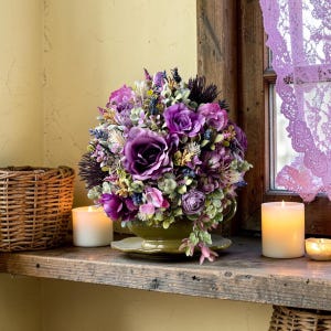 Cottagecore floral arrangement with lavender, mauve, and blush flowers, shabby chic French country decor, vintage centerpiece, romantic kitchen styling, birthday gift for mom