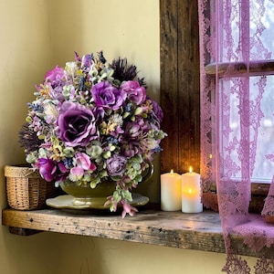 Vintage gravy boat floral arrangement with lavender and plum flowers, shabby chic farmhouse decor, grandmillennial centerpiece, romantic cottage kitchen styling, unique hostess gift