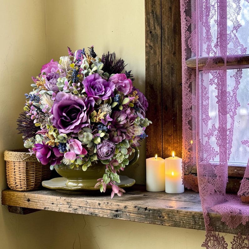Vintage gravy boat floral arrangement with lavender and plum flowers, shabby chic farmhouse decor, grandmillennial centerpiece, romantic cottage kitchen styling, unique hostess gift