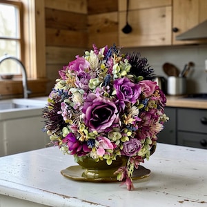 French country faux floral centerpiece in antique gravy boat, rustic kitchen island decor, cottagecore coffee bar styling, cozy home accent