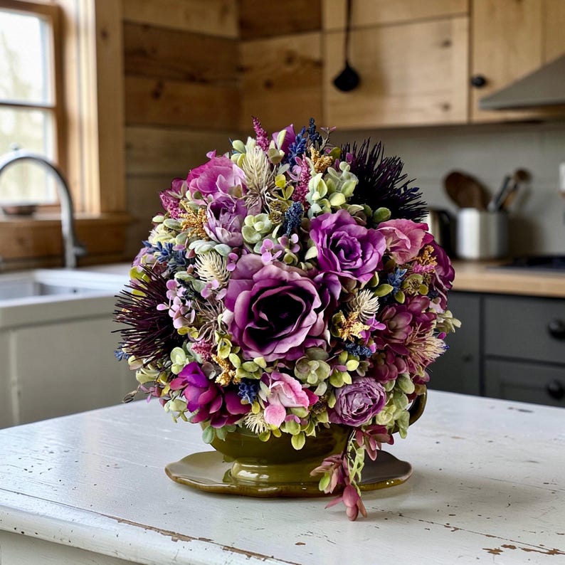 French country faux floral centerpiece in antique gravy boat, rustic kitchen island decor, cottagecore coffee bar styling, cozy home accent