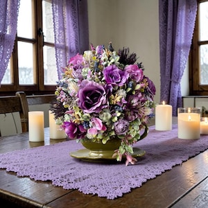 Romantic purple cottage garden floral arrangement in antique gravy boat, grandmillennial decor, English cottage centerpiece, tea party decor, cozy farmhouse home styling