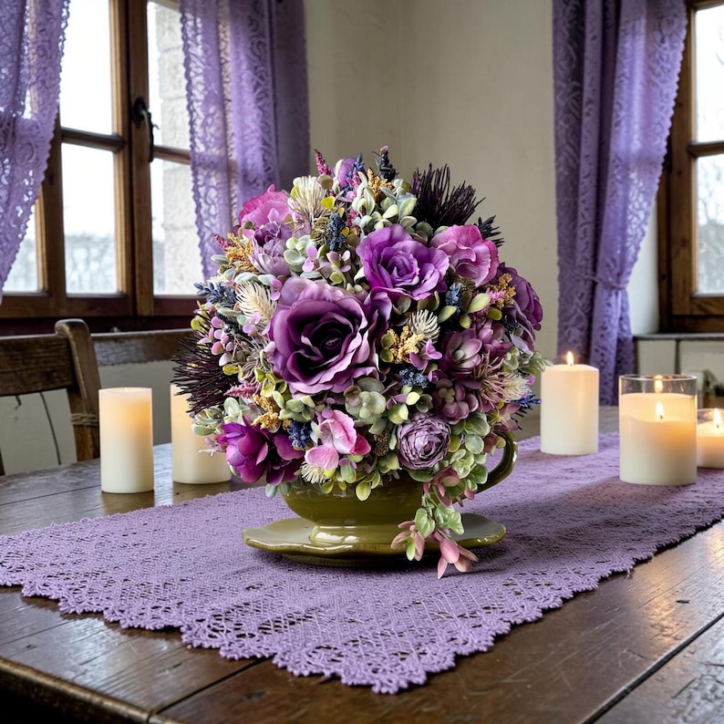 Romantic purple cottage garden floral arrangement in antique gravy boat, grandmillennial decor, English cottage centerpiece, tea party decor, cozy farmhouse home styling