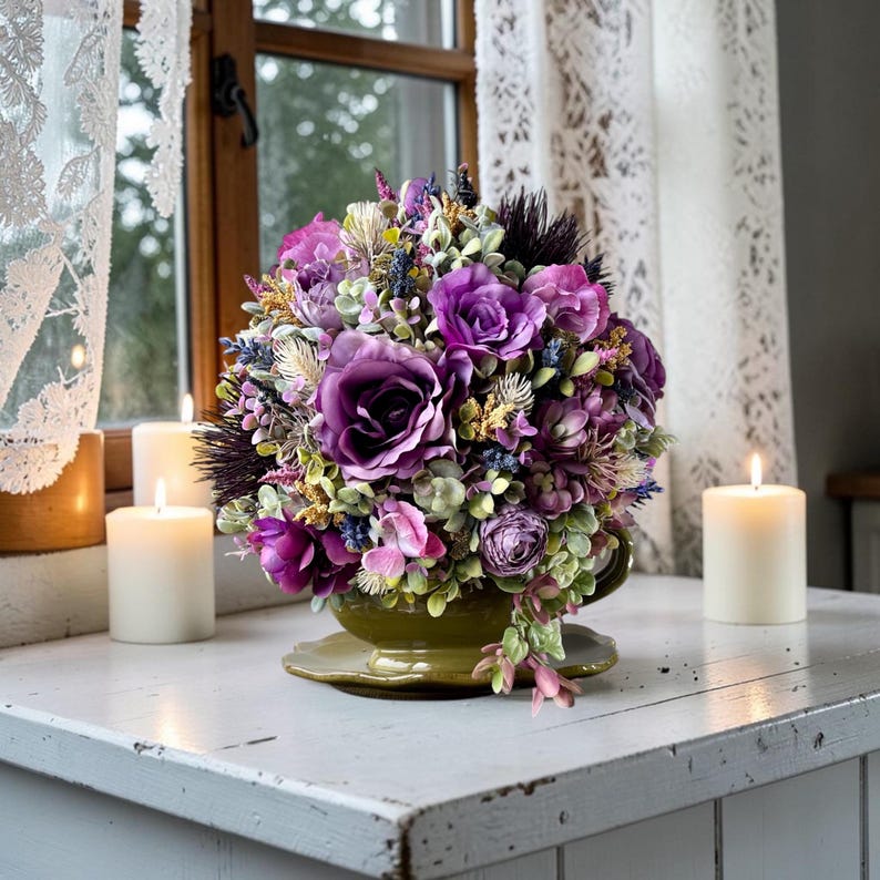 Purple cottagecore floral arrangement in vintage gravy boat, French country farmhouse centerpiece, grandmillennial kitchen decor, shabby chic table styling, romantic English cottage flowers, hostess gift idea