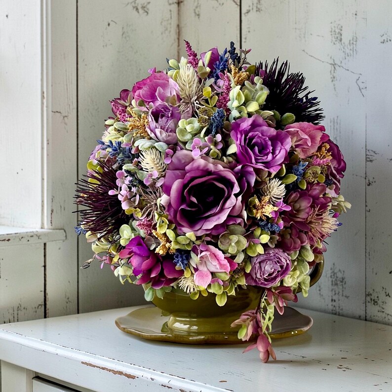 French country faux flower arrangement with purple roses and cottage blooms, shabby chic centerpiece, vintage farmhouse decor, kitchen island styling, housewarming gift idea