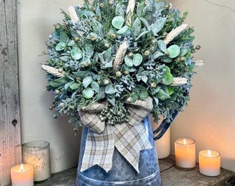 Farmhouse Greenery Centerpiece in Galvanized Pitcher, Rustic Table Decor, Cottagecore Kitchen Island Decor, Coffee Bar Styling, housewarming