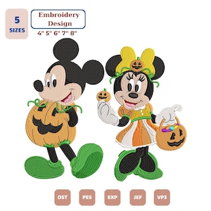 May include: An embroidery design featuring Mickey Mouse dressed in a pumpkin costume and Minnie Mouse wearing a pumpkin-themed bow and dress, holding a pumpkin basket. Text includes 5 SIZES, 4" 5" 6" 7" 8", DST, PES, EXP, JEF, and VP3.