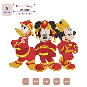 May include: An embroidery design featuring three cartoon characters dressed as firefighters in red and yellow gear. The text reads 5 SIZES, Embroidery Design, 4" 5" 6" 7" 8", DST, PES, EXP, JEF, VP3. The characters include a duck, a mouse, and a female mouse.