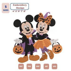May include: An embroidery design featuring two cartoon mice dressed for Halloween. One wears a black vampire cape and orange bowtie, the other a purple witch hat and orange skirt. Both hold orange jack-o'-lantern buckets. Text reads 5 SIZES 4" 5" 6" 7" 8".