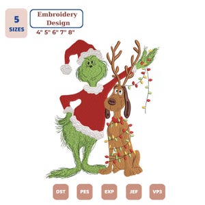 May include: An embroidery design featuring a green character in a red Santa suit and a brown dog with antlers wrapped in colorful Christmas lights. Text reads 5 SIZES 4" 5" 6" 7" 8" and file formats DST, PES, EXP, JEF, VP3 are listed below.