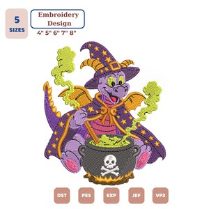 May include: An embroidery design featuring a purple dragon wearing a witch hat and cape, stirring a black cauldron with a skull and crossbones. The dragon is surrounded by green smoke. Text includes 5 SIZES, Embroidery Design, 4" 5" 6" 7" 8", DST, PES, EXP, JEF, VP3.