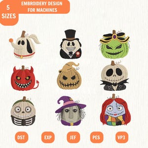 May include: An embroidery design set for machines featuring nine distinct pumpkin-themed characters. The collection includes various stylized figures with stitched details, including a dog, a top-hatted figure, a witch, and other spooky faces.
