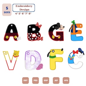May include: An embroidery design set featuring eight letters A, B, G, E, V, D, F, and C, each decorated with cartoon character motifs. Text includes 5 SIZES 4" 5" 6" 7" 8" and file formats DST, PES, EXP, JEF, VP3. The letters display various colors.