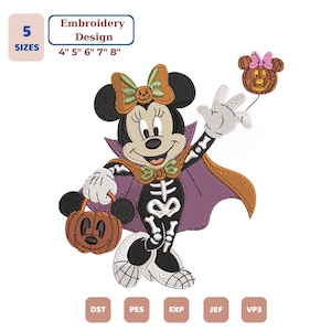 May include: An embroidery design featuring a character dressed as a vampire with a skeleton print outfit, a purple cape, and a green bow. The character holds a pumpkin-shaped basket and a balloon. Text includes 5 SIZES 4" 5" 6" 7" 8" and file formats.