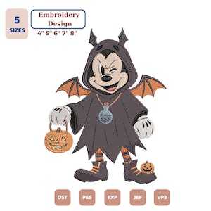 May include: An embroidery design featuring a cartoon mouse wearing a dark hooded bat costume with orange wings, holding a jack-o'-lantern bucket. The character wears a potion bottle necklace and striped socks. Text includes 5 SIZES 4" 5" 6" 7" 8".