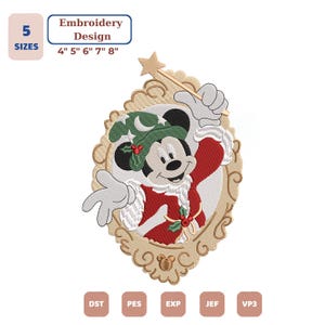 May include: An embroidery design featuring a cartoon mouse wearing a green hat with white stars and a red coat with white trim, holding a star-tipped wand. The character is framed by an ornate gold border. Text includes 5 SIZES 4" 5" 6" 7" 8".