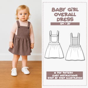 Puede incluir: Una niña pequeña con un vestido de peto de pana marrón, una camiseta rosa de manga larga y zapatillas blancas. La imagen incluye un diagrama del vestido y el texto "BABY GIRL OVERALL DRESS 6M-3Y".
