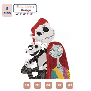 May include: An embroidery design featuring Jack Skellington in a red Santa hat, Zero the ghost dog, and Sally. The text reads Embroidery Design 5 SIZES 4" 5" 6" 7" 8". File formats include DST, PES, EXP, JEF, and VP3. The characters are stitched in black, white, red, yellow, and blue.