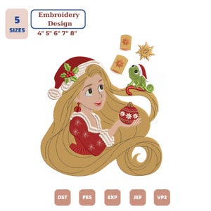 Pode incluir: Um design de bordado apresentando uma personagem de desenho animado com longos cabelos loiros, usando um gorro de Papai Noel vermelho com azevinho, um vestido vermelho com acabamento branco e segurando um enfeite de Natal vermelho e lanternas.
