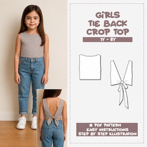May include: A young girl wearing a gingham crop top and blue jeans. The image includes a pattern for a girls' tie-back crop top, with easy instructions and step-by-step illustrations. The text on the image reads "GIRLS TIE BACK CROP TOP 1Y-8Y".