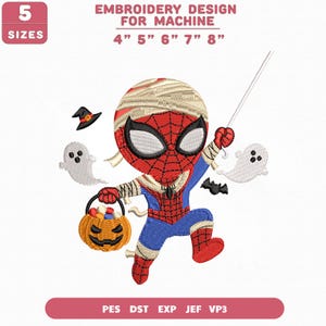 Puede incluir: Diseño de bordado a máquina con un personaje en traje de araña rojo y azul envuelto en vendas de momia, sosteniendo una cesta de dulces de calabaza. Incluye un sombrero de bruja, dos fantasmas y un murciélago. Texto: EMBROIDERY DESIGN FOR MACHINE 4" 5" 6" 7" 8".