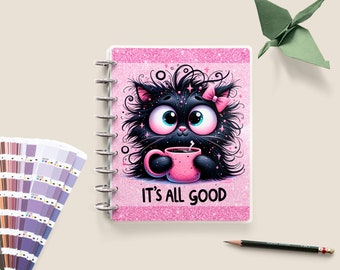 Cute Cat Planner Cover, Pink Sparkle Disc Bound - Customizable