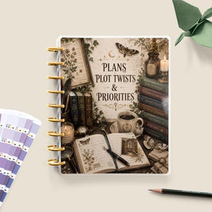 May include: A disc-bound planner featuring a dark academia illustration of books, a coffee cup, and an open journal with the text "PLANS PLOT TWISTS & PRIORITIES" on the cover. The planner has gold-colored discs along the left side spine.