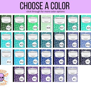 May include: A grid of 32 different colored composition notebooks. Each notebook has a black and white speckled pattern and the words "Composition Book" printed on the front. The notebooks are numbered 1 through 32.