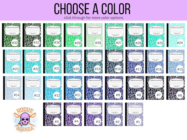 May include: A grid of 32 different colored composition notebooks. Each notebook has a black and white speckled pattern and the words "Composition Book" printed on the front. The notebooks are numbered 1 through 32.
