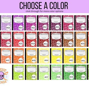 May include: A grid of 40 different colored composition notebooks. Each notebook has a black and white speckled pattern. The notebooks are numbered 33 through 66.