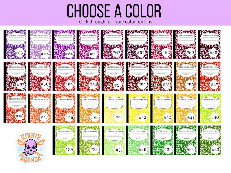 May include: A grid of 40 different colored composition notebooks. Each notebook has a black and white speckled pattern. The notebooks are numbered 33 through 66.
