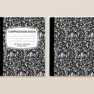 May include: A black and white composition book with a black and white speckled cover. The cover has the text "COMPOSITION BOOK" and "100 Sheets - 200 Pages College Ruled".