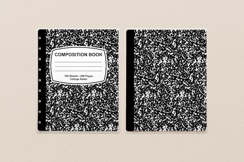 May include: A black and white composition book with a black and white speckled cover. The cover has the text "COMPOSITION BOOK" and "100 Sheets - 200 Pages College Ruled".