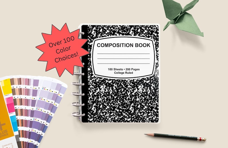 May include: A black and white composition book with a black and white speckled cover. The book has a clear plastic spiral binding and the text "COMPOSITION BOOK" in a white rectangle on the front cover. The text "100 Sheets - 200 Pages College Ruled" is printed in black below the title.