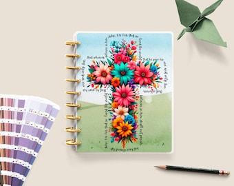 Floral Cross Christian Planner Cover, Customizable Disc Bound