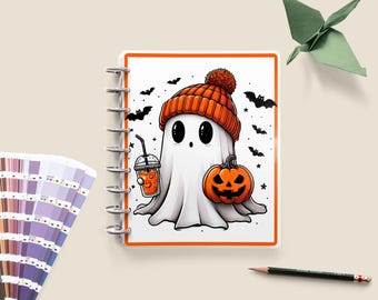 May include: A white ghost wearing an orange and white knit hat and holding a pumpkin and a cup of orange liquid. The ghost is surrounded by black bats and stars on a white background.