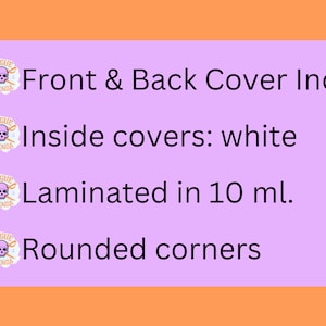 May include: A purple background with white text that reads "Front & Back Cover Incl.", "Inside covers: white", "Laminated in 10 ml.", and "Rounded corners". Each line of text is accompanied by a small logo of a skull and crossbones with the words "Rogue Agenda" underneath.