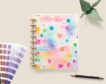 Rainbow Watercolor Stars Planner Cover, Customizable Laminated Disc Bound
