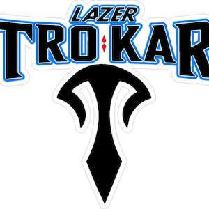 May include: Black and blue logo with the text "LAZER TROKAR" and a stylized black "T" shape.