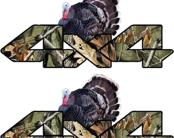 2 Laminated Camo 4x4 with Turkey Truck Bedside Decals Turkey Hunting   Size is:  12.7" X 6.20"