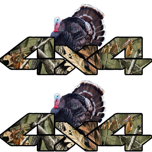 2 Laminated Camo 4x4 with Turkey Truck Bedside Decals Turkey Hunting   Size is:  12.7" X 6.20"