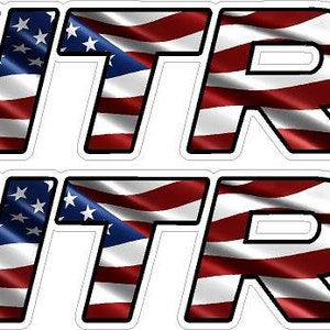 May include: Two decals with the word "NITRO" in white letters with a black outline. The letters are layered over an American flag design with red and white stripes and blue stars.