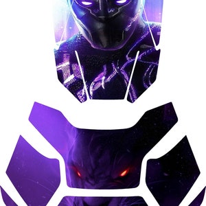 May include: Black Panther graphic design with a purple and black color scheme. The design features a close-up of Black Panther's face and a close-up of Black Panther's eyes.