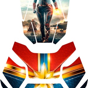 May include: A blue, red, and gold superhero graphic design featuring a woman in a superhero costume. The design includes a large star and a smaller star.