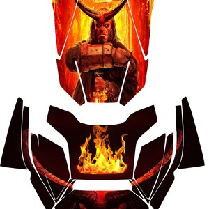 May include: A graphic design featuring the character Hellboy, with a fiery background and a detailed depiction of the character's face, horns, and iconic stone hand. The design is predominantly red and black.