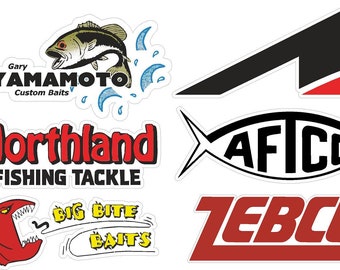 May include: Assortment of fishing lure and tackle brand logos, including Gary Yamamoto Custom Baits, Northland Fishing Tackle, Big Bite Baits, Zebco, and AFCO. The logos are printed on white backgrounds.