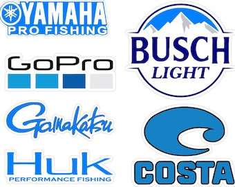 May include: A collection of white stickers featuring various logos and brand names. Included are "YAMAHA PRO FISHING", "GoPro", "Gamakatstu", "HUK PERFORMANCE FISHING", "BUSCH LIGHT", and "COSTA", all in shades of blue and white.