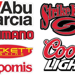 May include: A collection of fishing and beverage brand logos. Logos include "Abu Garcia", "Shimano", "Duckett Fishing", "G. Loomis", "Strike King", and "Coors Light". The logos are in various colors, including red, black, and yellow.