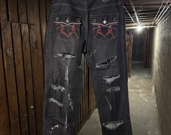 Y2K レッドエイプ ダメージ加工 ブラック バギー ジーンズ メンズ 36 刺繍入り パンク スケーター